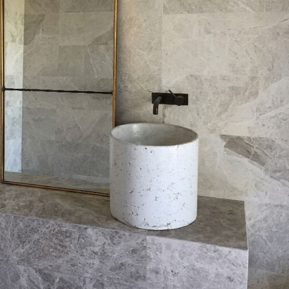 Archer 450mm high Hand Pressed Concrete Pedestal Basin by Slabs by Design Set in Steel