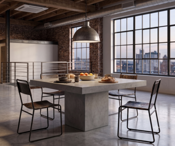ARIA Concrete Dining Table with square top and concrete pedestal base by Slabs by Design