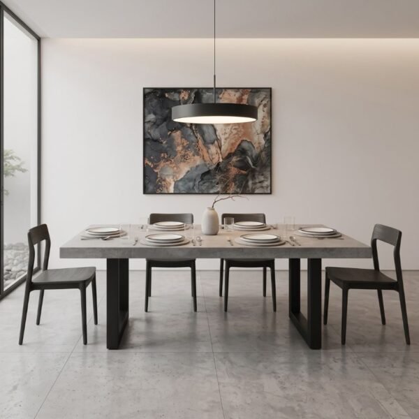 Bentely Concrete Dining Table by Slabs by Design Set in Steel