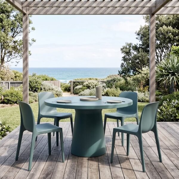 Eclipse Concrete Dining Table by Slabs by Design Set in Steel