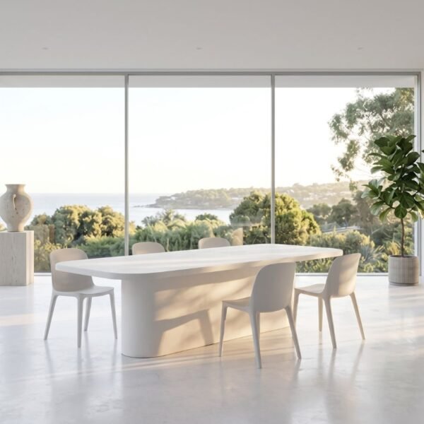 Horizon Curves Concrete Dining Table by Slabs by Design Set in Steel