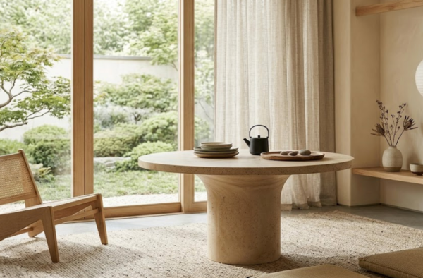 Wave Concrete Dining Table with a concrete table top and unique wave shaped concrete pedestal base by Slabs by Design