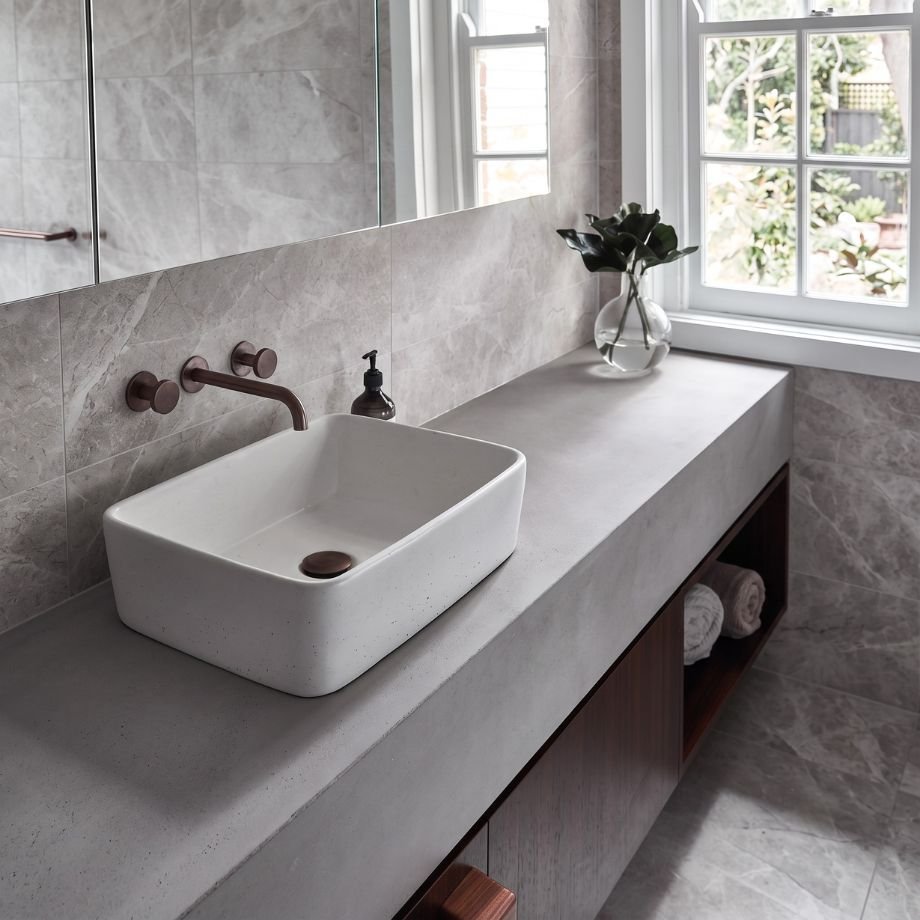 Plateau Concrete Vanity top by Slabs by Design Set in Steel
