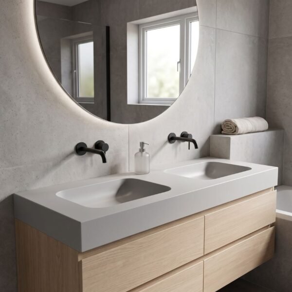 Radius Concrete Vanity Top by Slabs by Design Set in Steel